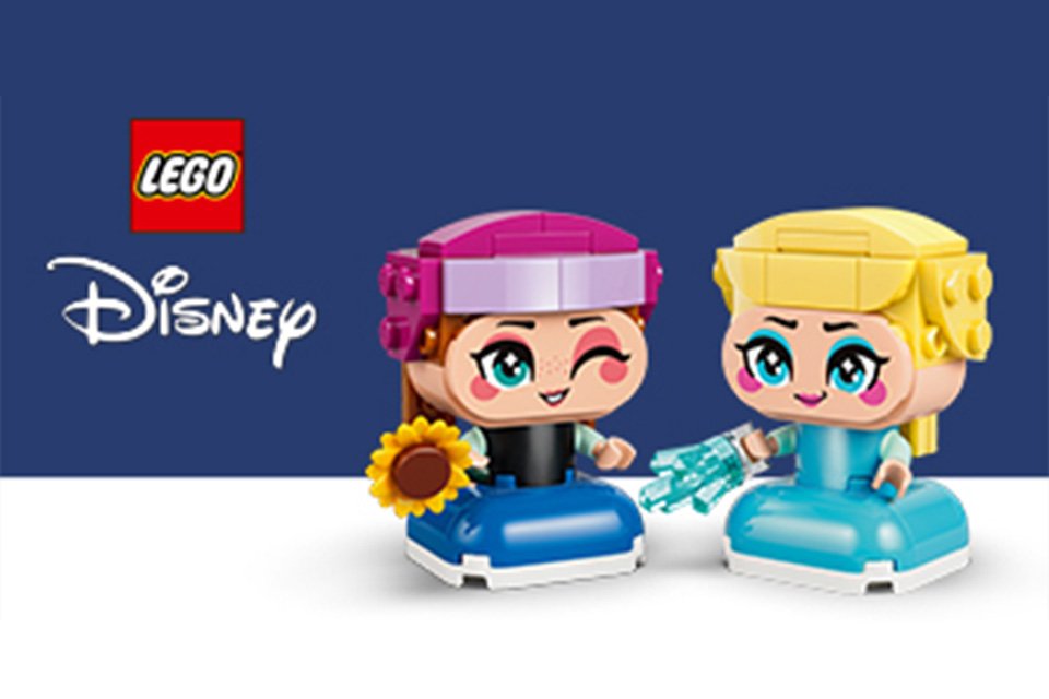LEGO® Disney Frozen Anna and Elsa on a navy and white background with the LEGO® and Disney logos.